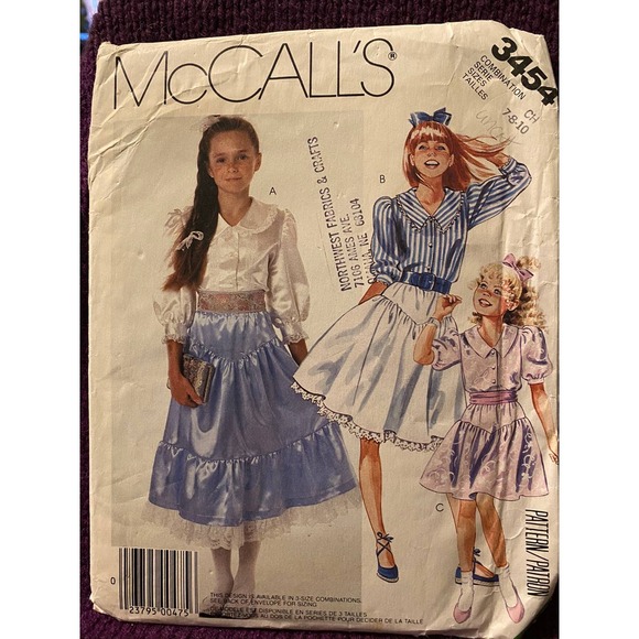 McCalls Sewing pattern3454 girls top peasant skirt sz 7 8 10 - Picture 1 of 5
